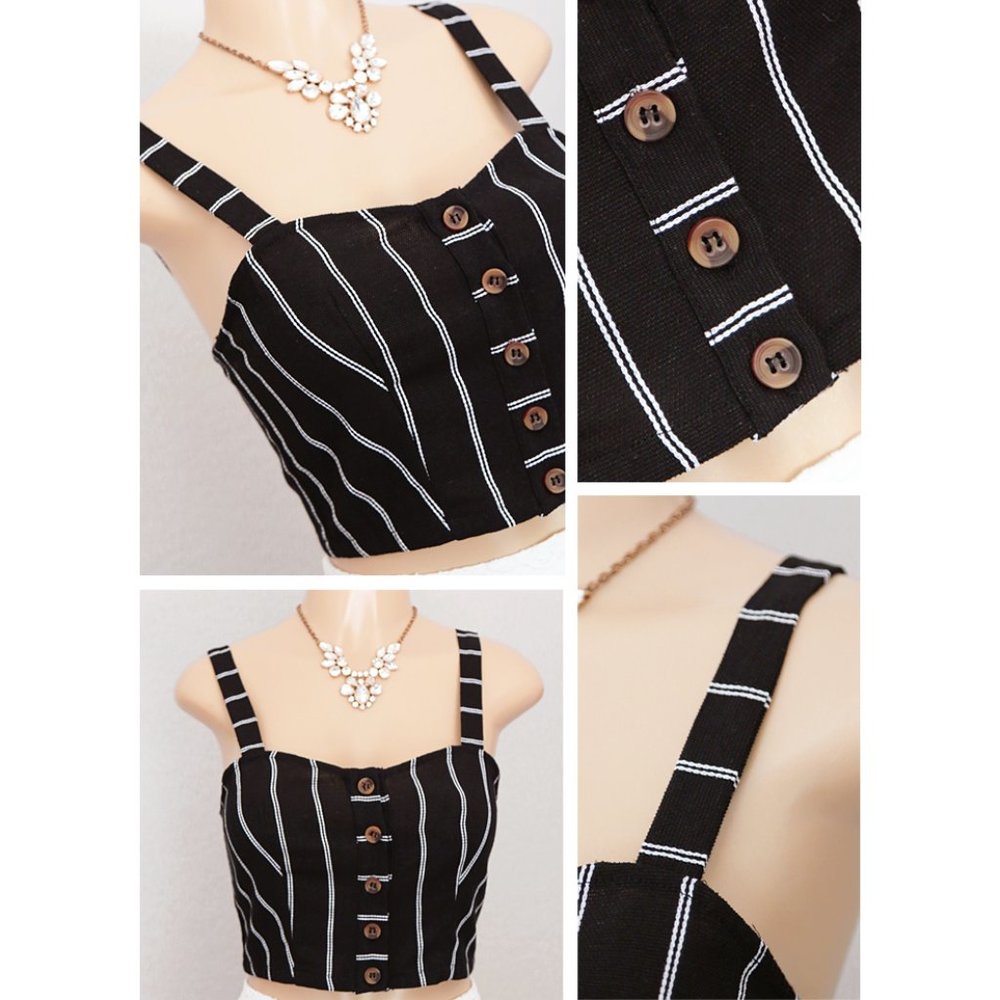 Black Striped Linen Cotton Button Up Cropped Top - Picture 4 of 8